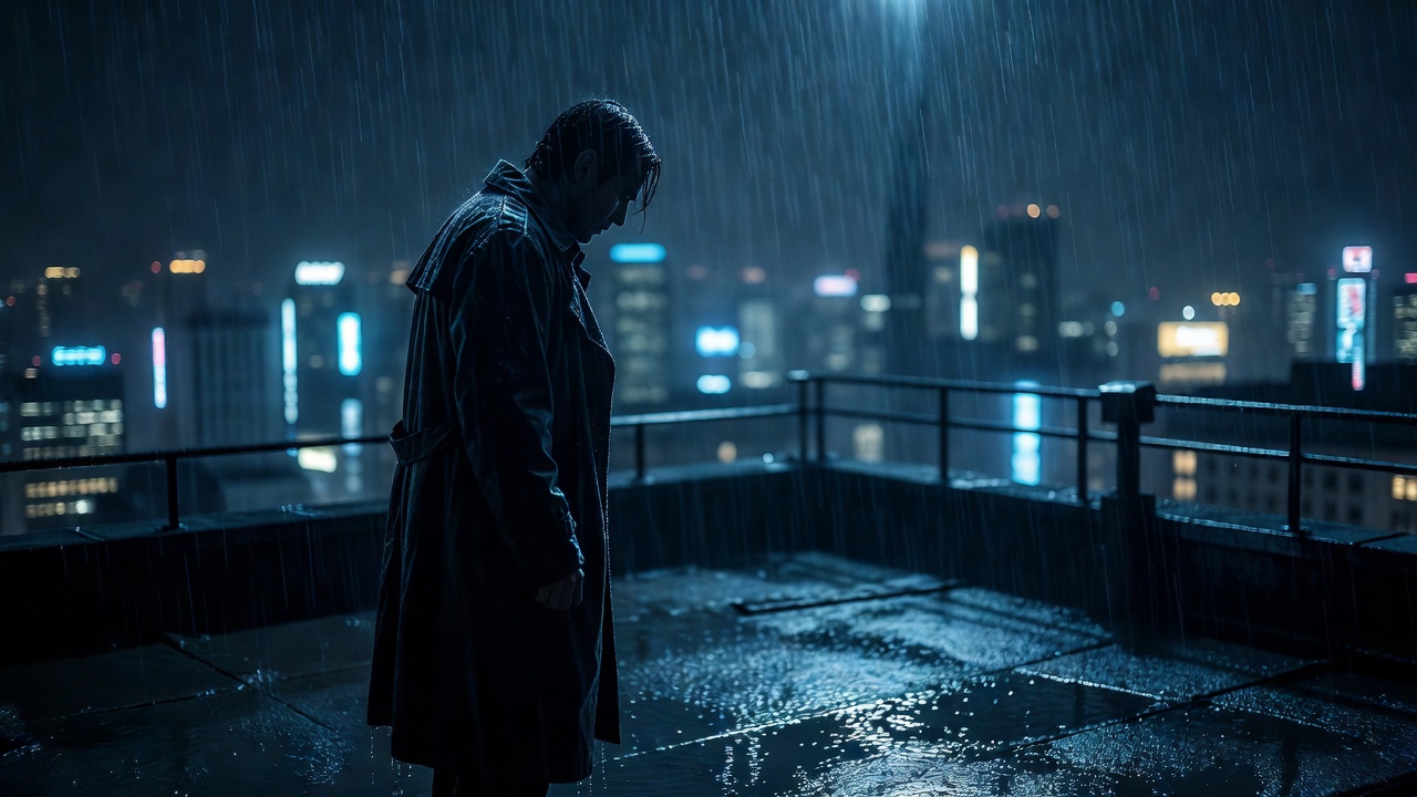 亚洲最大成人网色剧照：雨夜中主角站在天台边缘